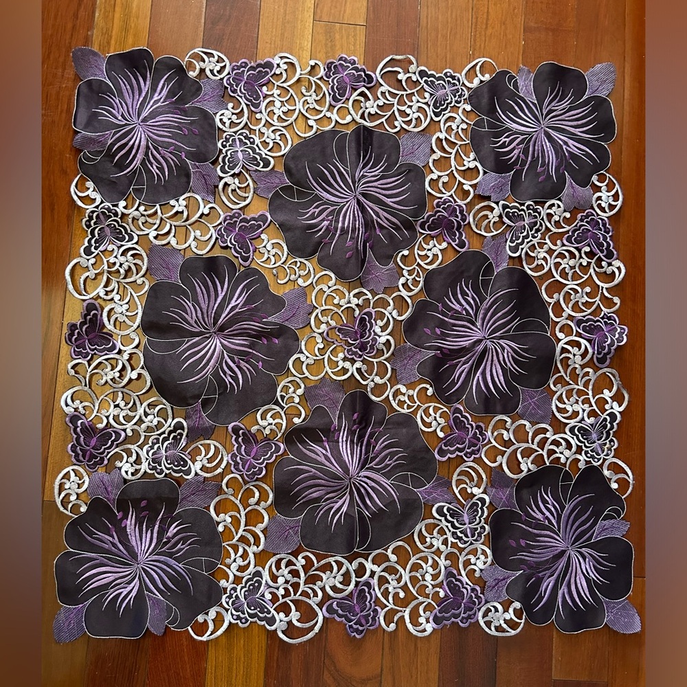 32” x 34” square vintage table cover with purple butterflies and flowers